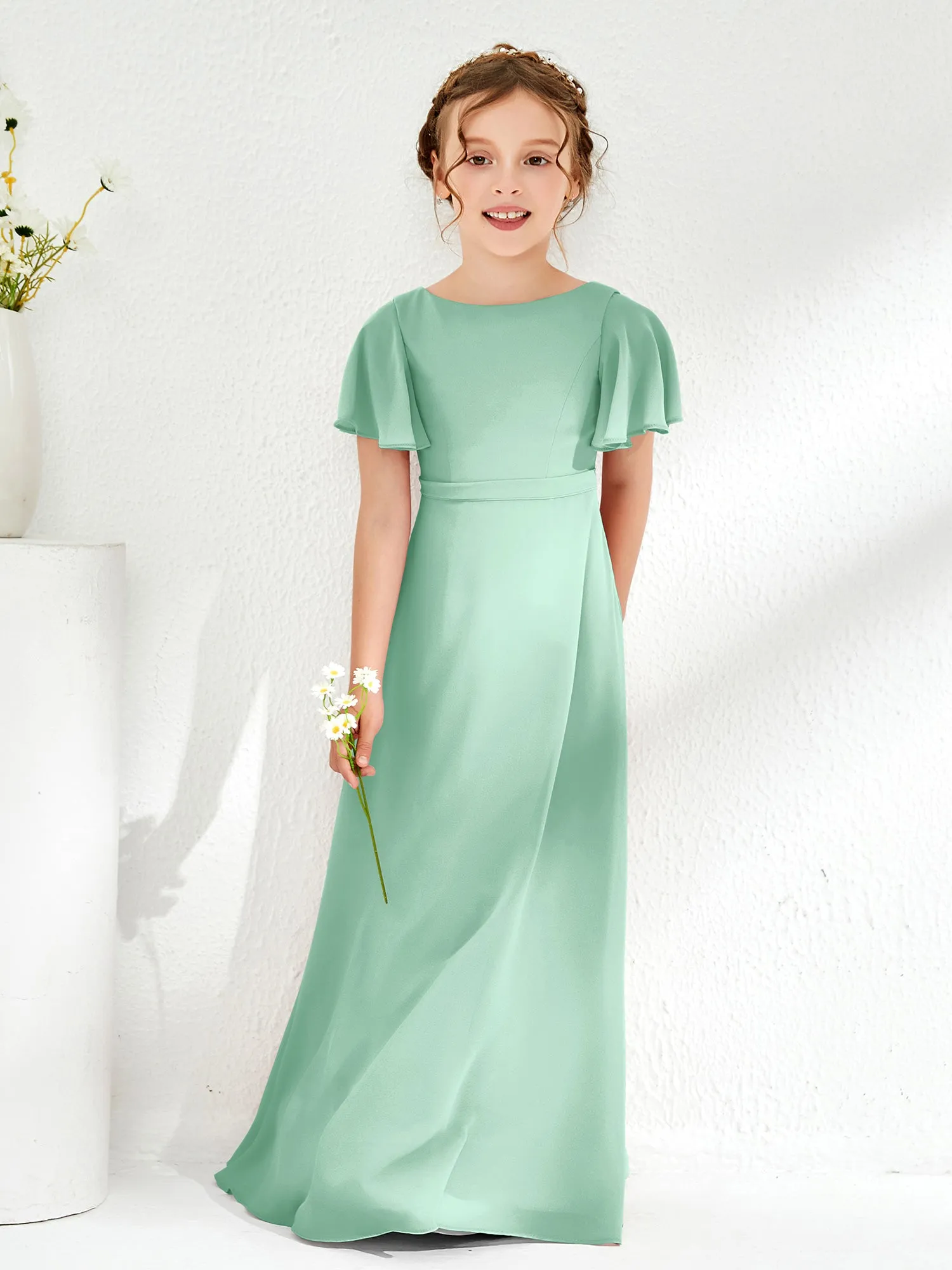 Flügelrmel A-Linie Chiffon Junge Brautjungfernkleider Minzgrün