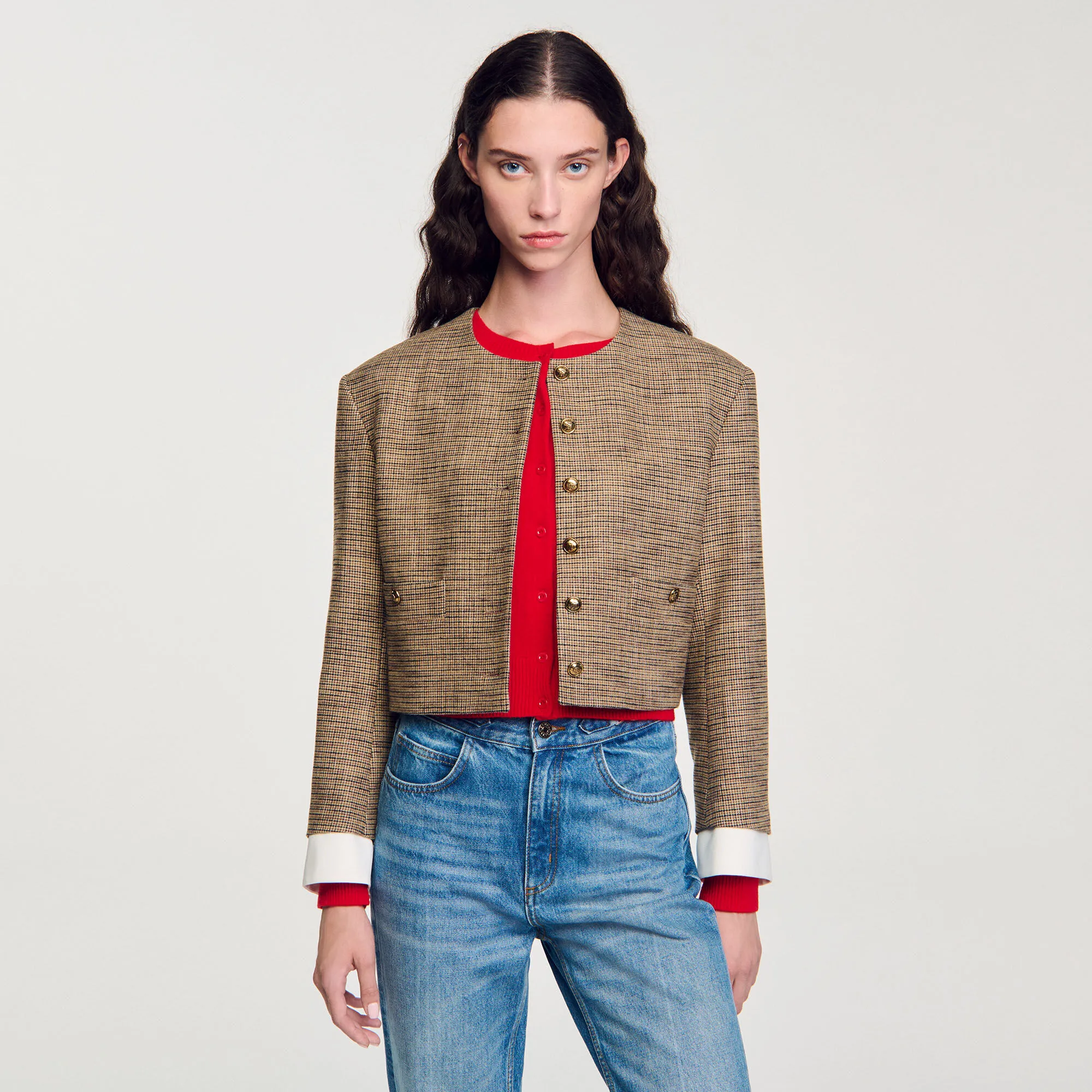 Kurze Jacke mit Hahnentrittmuster