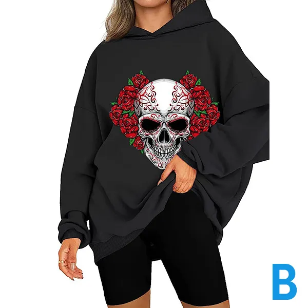 Punk Fashion Skull Printed Long Sleeve Hood Loose Sweatshirt for Holloween